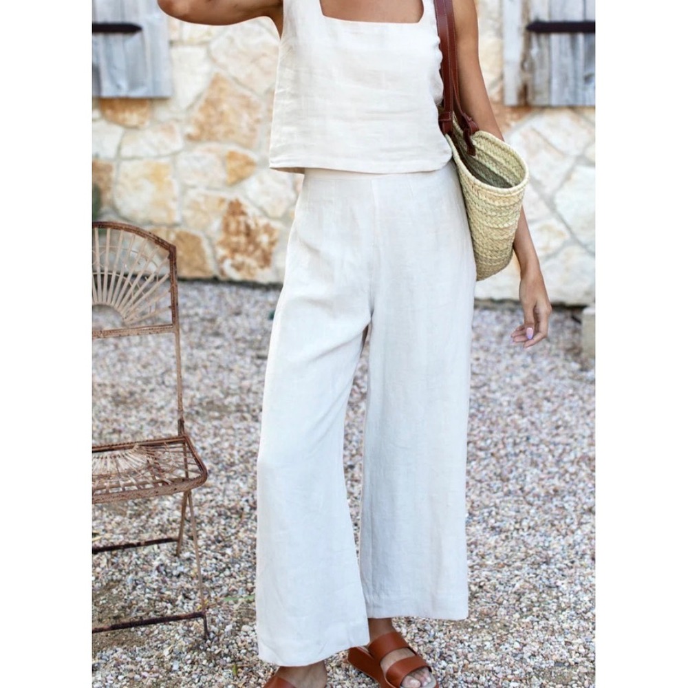 Emerson Fry Roma Wide Leg Pants S Side Zip 100% Linen Very Light Natural Tan